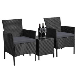 Yaheetech 3 Pieces Patio Porch Furniture Sets, Rattan Patio Chair & Table Set PE Wicker Bistro Set for Outdoor/Garden/Yard