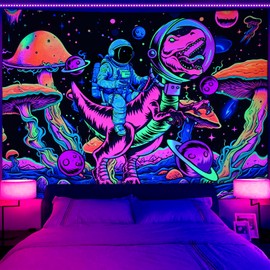 Invoibler Blacklight Dinosaur Tapestry UV Reactive Space Astronaut Mushroom Neon Galaxy Planet Stars Wall Hanging for Bedroom (59.1 x 82.7 inches)