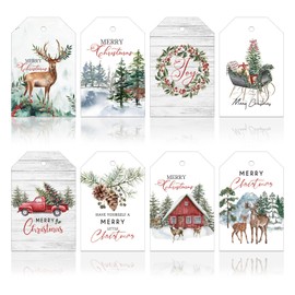 JarThenaAMCS 120Pcs Merry Christmas Paper Gift Tags Watercolor Xmas Tree Forest Deer Hanging Labels with Hemp Rope for Winter Holiday Name Present DIY Crafts, 8 Designs