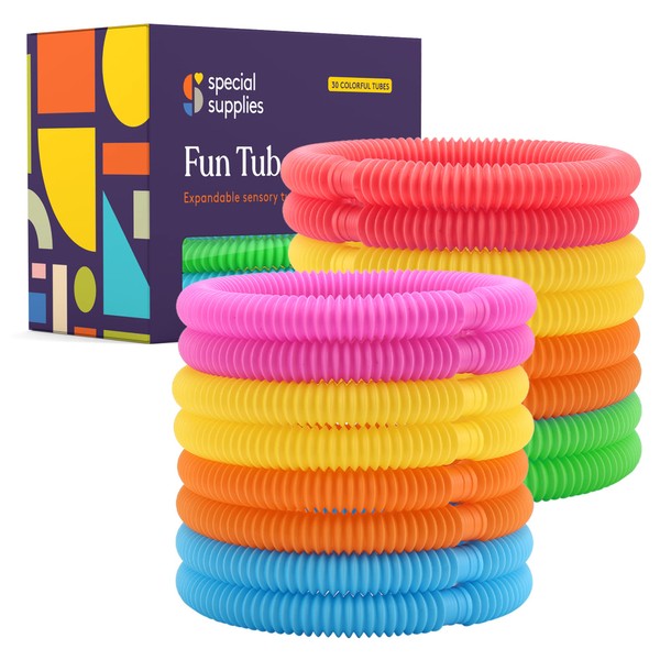 Special Supplies Fun Pull and Stretch Tubes for Kids - Pop, Bend, Build, and Connect Toy, Provide Tactile and Auditory Sensory Play, Colorful, Heavy-Duty Plastic (30)