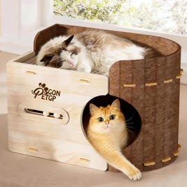 GONPETGP Cat Beds for Indoor Cats, Cat House Cave with Wooden Play Ball Scratch Pad, Detachable Felt Cat Condo Hideaway for Multiple Small Pets and Kittens