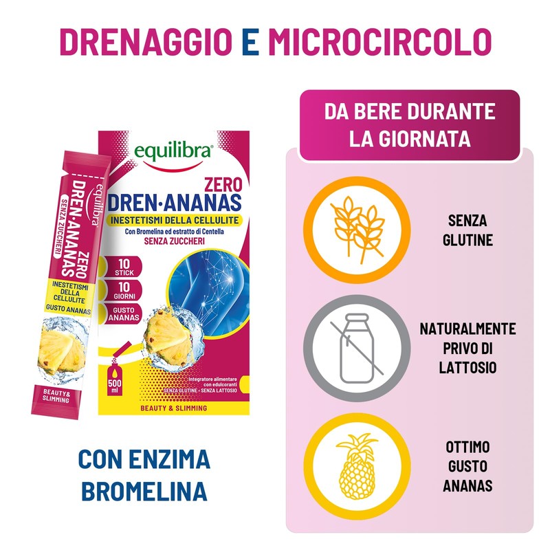 Equilibra Dren Ananas Zero Zuccheri, Integratore con Bromelina, Rutina, Drenaggio