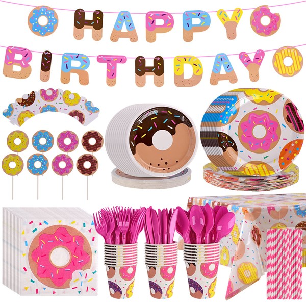 TACGEA Donut Birthday Party Supplies – 227pcs Birthday Party Decorations - Plates, Cups, Napkins, Cupcake Toppers & Wrappers, Happy Birthday Banner, Tablecloth Kit, Serves 25