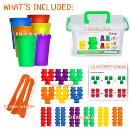 Bmag Bmag Counting Bears with Matching Sorting Cups,Number Color Recognition STEM Educational Toy for Toddler, Pre-School Learning Toy with 90 Bears,2 Tweezers,11 Activity Cards,1 Storage Box