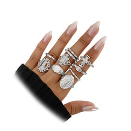 Navirix Gold Virgin Mary Cross Rings Set for Women,10Pcs Vintage Chunky Stackable Cross Knuckle Rings Set Retro Jewlery Accessories(Silver)