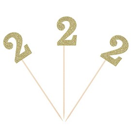 Second Birthday Centerpiece Sticks Gold Glitter Number 2 Party Table Toppers Flower Picks Anniversary Party Supplies - Pack of 10