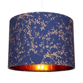 Modern Navy Midnight Blue Cotton Fabric 10" Lamp Shade with Copper Foil Floral Decoration Suitable for Table or Ceiling Usage | 25cm Diameter | 60w Maximum by Happy Homewares
