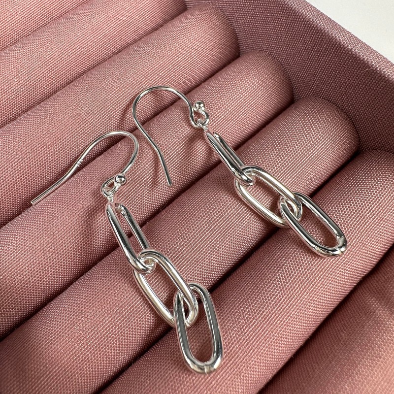 Sterling Silver Triple Link Chain Hook Drop Earrings