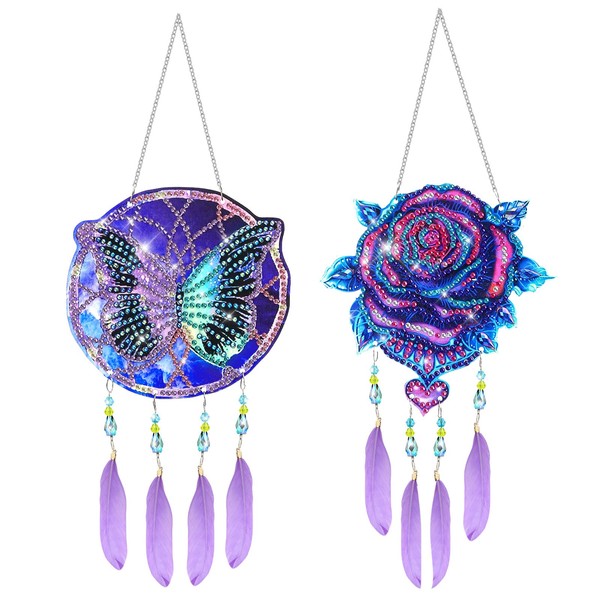 DIY Diamond Painting Dreamcatcher Kit, 2 Pieces 5D DIY Point Drill Diamond Painting Wind Chime, Double Sided Painting Ornaments with Feather Pendant for Home Garden Decoration (Rose,Butterfly)