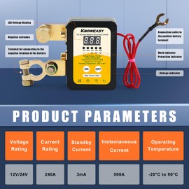Knoweasy 12V 240A Remote Battery Kill Switch with LCD Display - Durable Anti-Theft Power Disconnect for Cars, Trucks, RVs, Boats and Easy Installation