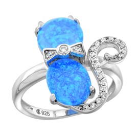 Sterling Silver Created Opal Cat Ring for Women with Bow Tie and Pave CZ Tail size 8