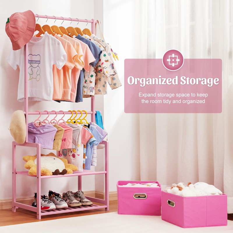Vilaxing Kids Clothing Rack Bamboo with 2 Storage Baskets and