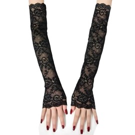 Women's Fingerless Lace Gloves, Bridal Elbow Length Gloves, Floral Lace Fingerless Glove for Operas, Evening, Weddings, Tea Parties, Balls, Costumes, Role Playing, 1920s Accessories etc. - Black