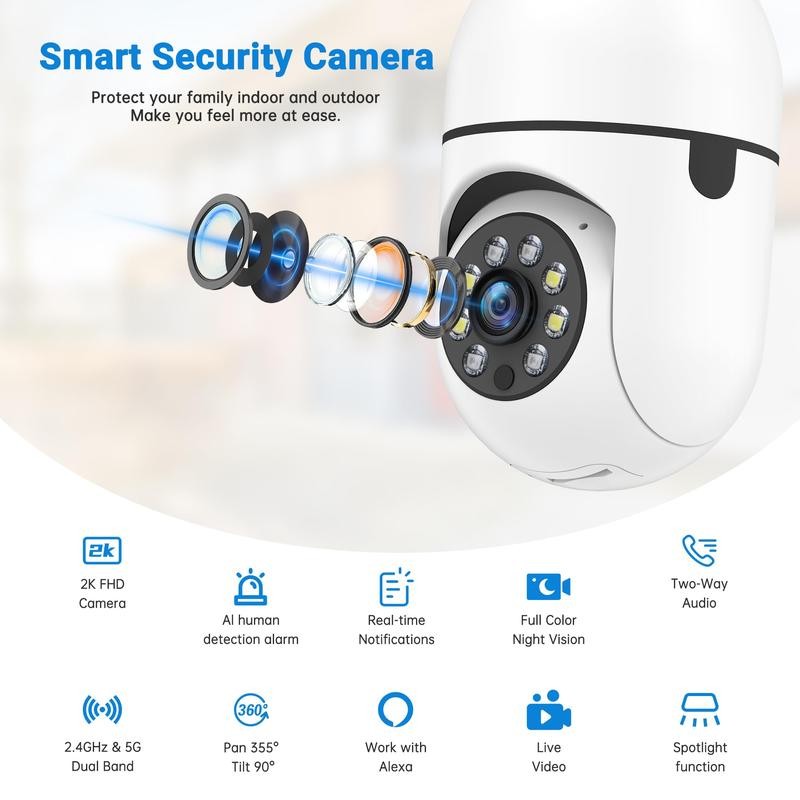 3MP Light Bulb security camera, 360° Auto Tracking, Human Motion