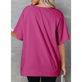 Dokotoo Womens Casual Summer Tops Crewneck Sweatshirt Short Sleeve Oversized T Shirts Fashion 2025 High Low Lightweight Thin Cotton Basic Pullover Cute Loose Fit Shirts for Women Rosy Large
