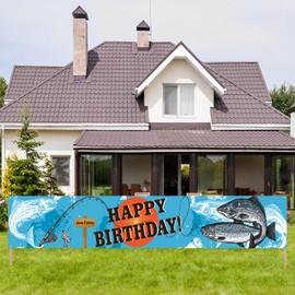 Kimini-Ki Gone Fishing Birthday Banner, Fishing Birthday Decorations for Men / Boys, Lager Fishing Theme Banner, Fisherman 10th 20th 30th 40th 50th 60th 70th 80th 90th Birthday Decoration Yard Sign, Gone Fishing Birthday Party Supplies