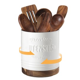 DOWAN 360° Rotating Extra Large Cooking Utensil Holder, 7.6" Kitchen Utensil Holder for Countertop, Utensil Crock for Farmhouse Kitchen Decor, Ceramic Stable Utensil Caddy, White Text