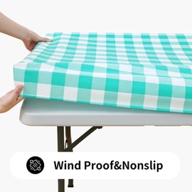 Smiry Rectangle Picnic Table Cloth, Elastic Waterproof Fitted Vinyl Tablecloths, Flannel Backed Buffalo Plaid Table Covers for Dining, Camping, Outdoor (White and Teal, 30" x 96")