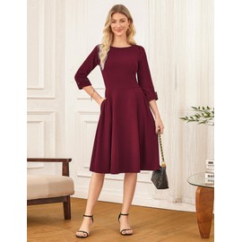 GRACE KARIN Women's Work Dress Semi Formal 3/4 Sleeve A Line Office Dresses Fit and Flare Classy Dress Wine Red L