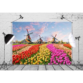 Loccor Fabric 5x3ft Charming Netherlands Scenery Backdrop Dutch Holland Colorful Tulip Flowers Field Photography Background Outdoor Travel Newlyweds Honeymoon Portraits Child Kids Adult Photo Props