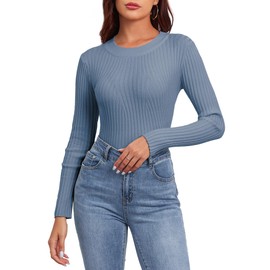 Famulily Women's Round Neck Ribbed Knit Pullover Jumpers Long Sleeve Stretchy Winter Sweater (M, Grayish Blue)