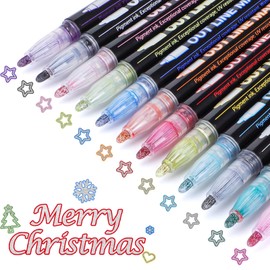 Shimmer Markers Double Line Outline Markers, 12 Colors Metallic Glitter Pens Set for Drawing, Art Supplies, Arts Crafts, Gifts for 4-12 Year Old Girl Kids Teens