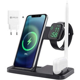 AICase 4 in 1 Wireless Charger, iWatch & A irPods & Pencil Charging Dock Station, Nightstand Mode for iWatch Series 5/4/3/2/1, Fast Charging for Phone 11/11 Pro Max/XR/XS Max/Xs/X/8 Plus/8