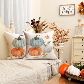 RABUSOFA Fall Pumpkin Pillow Covers 18x18 Set of 2,Thanksgiving Orange Leaves Outdoor Autumn Decoration for Home Sofa Couch Cushion Cases (Aqua&Orange, 18" x 18" (Pack of 2))