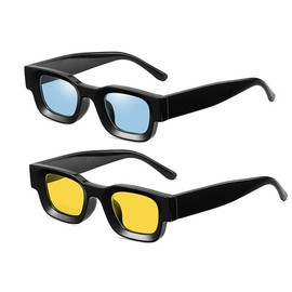 crazy bean Pack of 2 Sunglasses Vintage Rectangular Women Men Sunglasses 90s Retro Fashion Protection UV 400, Blue + Yellow