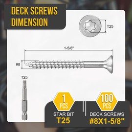 DTGN #8x1-5/8 Deck Screws - 100Pack - Good for Decks, Fences, Frames, Farms, Outdoor Furniture - 410 Stainless Steel Wood Screws W/ T25 Torx Star Drive Bit - Silver