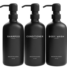 Black Shampoo and Conditioner Dispenser Set by Brighter Barns - Refillable Plastic Shower Soap Dispensers for Bathroom - Body Wash & Shampoo Bottles - Modern Bathroom Decor for Hotel, Airbnb (Black)