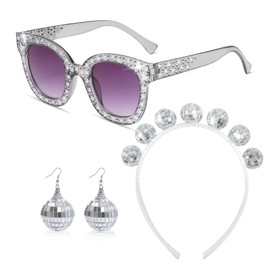 Meleager Disco Accessories Women's Disco Ball Earrings Headband with Sunglasses, 70s Costume Accessories Glitter for Costume Party Clothing Concert, Carnival