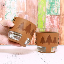 OOWEE: Leather Wrapped Rocks Glass Set of 2 - Pine Trees Logo - 9oz Rocks Glasses with Handmade Leather Wrap