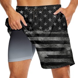 UOER American Flag Swim Trunks Mens Flag Board Shorts Quick Dry Bathing Suit Black Swim Shorts for Men with Compression Liner