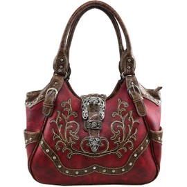Justin West American Albino Floral Embroidery Buckle Shoulder Concealed Carry Handbag Purse (Red Purse and Wallet Set)