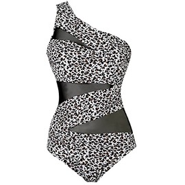 Runtlly Traje de baño de una pieza para mujer, de un hombro, talla grande, con estilo de malla transparente, blanco (White Leopard Print), S