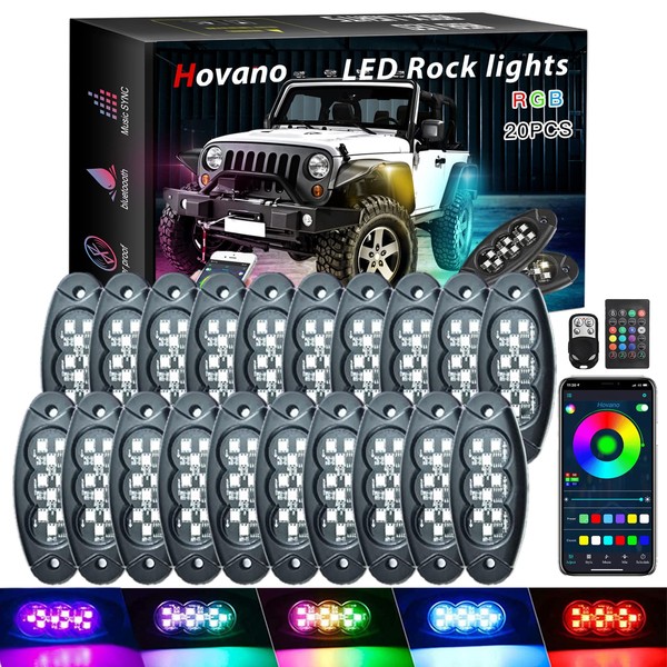 Hovano RGB LED Rock Lights, 20 Pods Waterproof Magic-RGB Multicolor