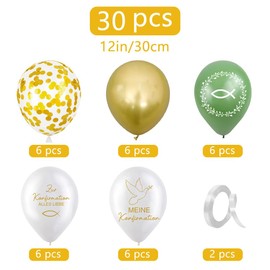 Cadimus 30 Stück Konfirmation Luftballons, 12 Zoll Latex Ballons Grün Gold Weiß, Meine Konfirmation Deko Mädchen Jungen, Helium Ballons für Taufe Erstkommunion Konfirmation Kommunion, 5 Design