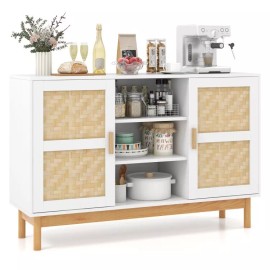 Costway 48" Sideboard Buffet Storage Cabinet Cupboard Kitchen With 2 Bamboo Woven Doors