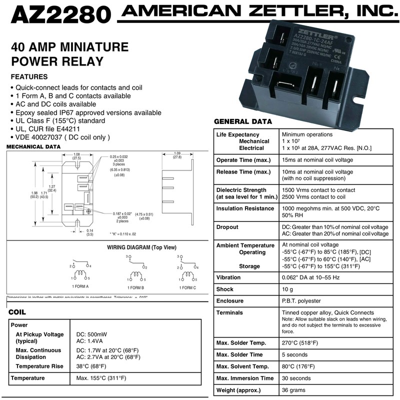 Zettler Mini Power Relay AZ2280-1C-24AF 30A 277VAC 28VDC -Universal 24