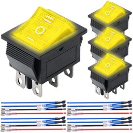 MKBKLLJY 4Pcs Rocker Switch 6Pin 3Position ON/Off/ON DC 12V AC 10A/125V 6A/250V DPDT Yellow LED Light Illuminated Boat KCD4 Rocker Switch Toggle KCD2-203N with Jumper Terminal Wires for Car Boat Truck