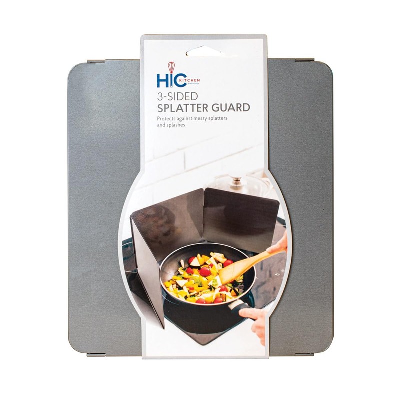 HIC Kitchen 3-Sided Splatter Guard, Non-Stick Carbon Steel, Heat Safe,
