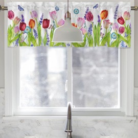 HawSkgFub Spring Summer Tulip Flower Kitchen Curtain Valance 54x18, Seasonal Floral Short Half Topper Curtains Window Treatments Rod Pocket, Lavender Butterfly Home Living Room Bedroom Bathroom Decor