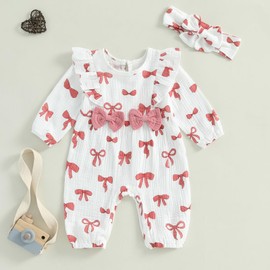 Infant Baby Girls Rompers Newborn Baby Girls' Bodysuit Long Sleeve Bow Print Ruffles Bodysuits Full Length Jumpsuit and Headband Sets 2Pcs Clothes Outfit for Baby Girl (White, 0-1 Months)