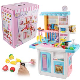 Kids Kitchen Set, Chef Pretend Play Gourmet Kitchen Food, Cookware Toy Set with Water Faucet, Real Cooking Sounds, Light