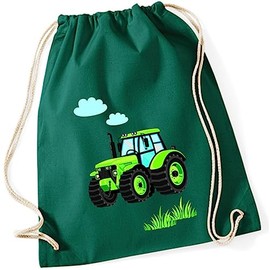 minimutz Children's Boys Cotton Gym Bag Tractor Bulldog with Clouds and Grass Shoe Bag Sports Bag with Drawstring 37 cm x 46 cm, dark green