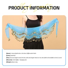 PAITOK Belly Dancing Hip Scarf, Women's Belly Dancing Belt with 128 Gold Coins Dancer Scarf Costumes Girls Dance Skirt Wrap Belt