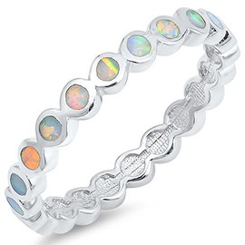 Eternity Round White Simulated Opal Stackable Ring New Sterling Silver Band Size 7
