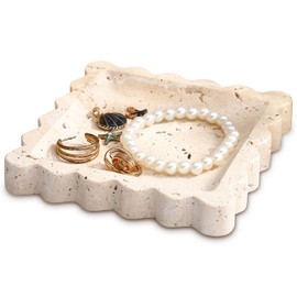 Threehoney 5.5 Inch Small Travertine Scallop Edge Tray Decorative Marble Jewelry Tray Stone Dish Tray Gift (Square)