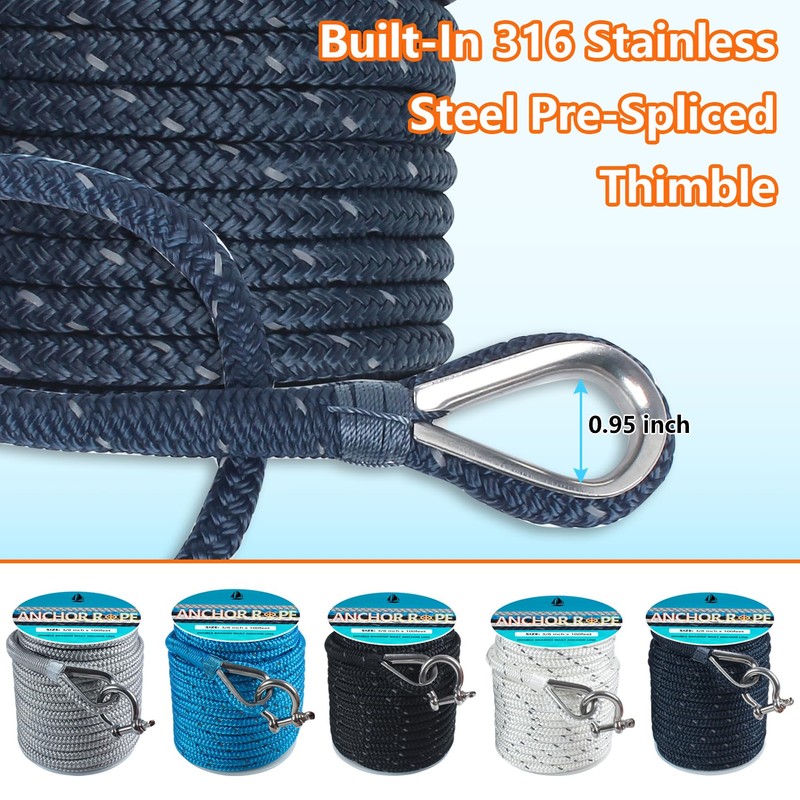 Anchor Rope 100 Ft 3/8 in, Double Braided Anchor Line